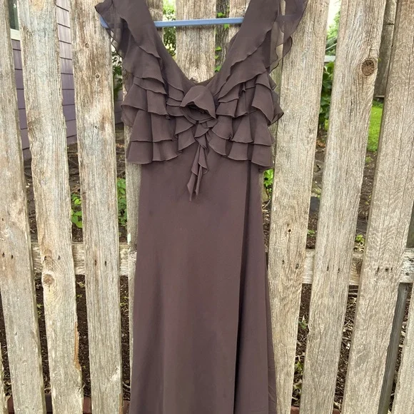 Max & Cleo brown sleeveless silk dress with ruffled bodice in Size 10, lined - Picture 11 of 11